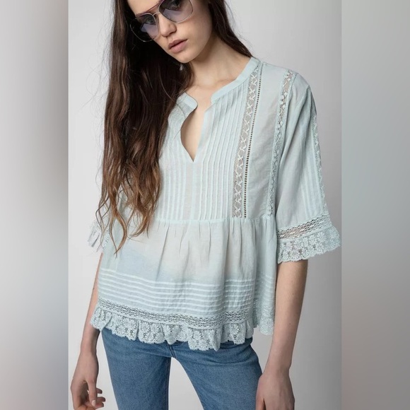 Zadig & Voltaire Tosea Top Short Sleeve Peplum Lace Trim Blue Small - Picture 1 of 8